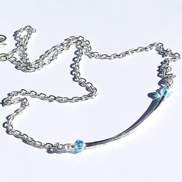 Sky Blue Crystal Silver Tube Necklace/ Silver Bar Layering Chain Choker - Picture 4 of 4